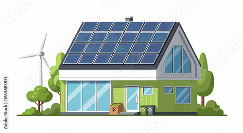 Modern eco-friendly residential house with solar panels and lush garden surrounding it demonstrating sustainable living concepts and renewable