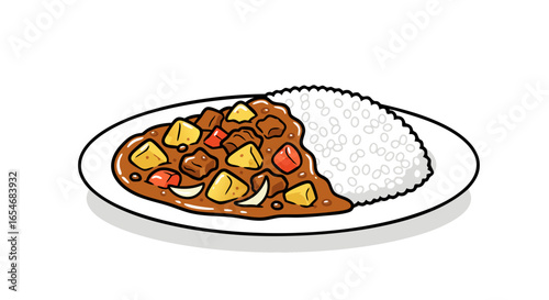 Delicious plate of hearty vegetable beef stew served with fluffy white rice on a simple white dish with a shadow effect, highlighting the rich