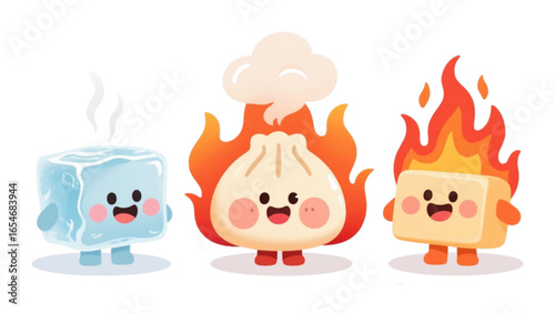 Three cartoon food characters: ice cube, steamed bun, and tofu, each with happy expressions.