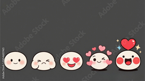 Five cartoon dumpling emojis showing different emotions: happy, sad, in love, winking, and joyful with a heart.
