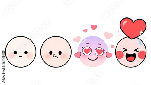 A sequence of cartoon-style faces expressing emotions, from neutral to joyful.