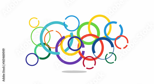 Abstract collection of colorful interconnected circles forming a dynamic pattern against a white background visually representing concepts of