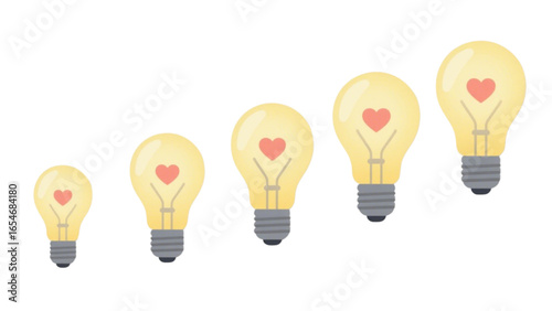 A series of glowing light bulbs, each containing a heart, arranged in ascending size.