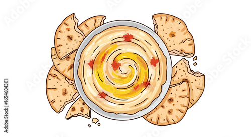 Delicious spicy hummus served with crispy pita chips arranged in a circular pattern for appetizer or snack enjoyment
