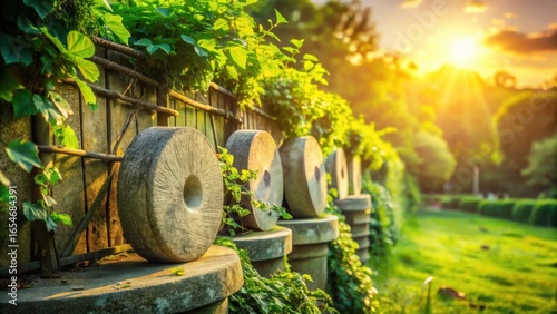 Sunlit Millstones Adorn a Verdant Garden Wall at Golden Hour