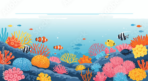 Vibrant Underwater Coral Reef Ecosystem with Diverse Marine Fish and Coral Species in Bright Colors and Dynamic Ocean Environment