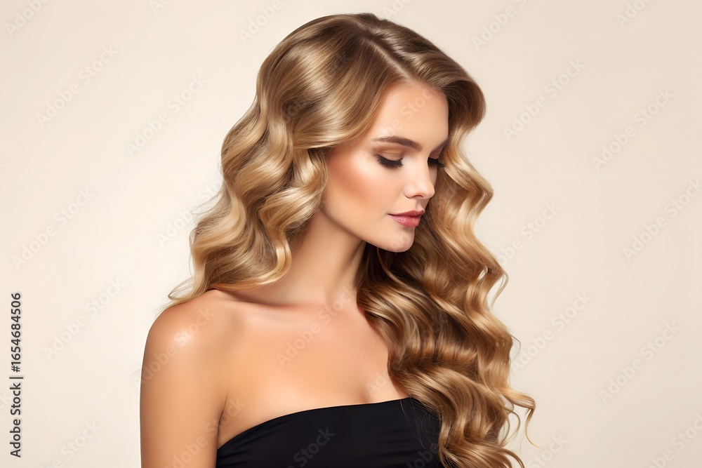 Naklejka premium Long wavy blonde hair with strapless black top – Softness, Beauty, Allure, fashion, hair, portrait, elegance, style