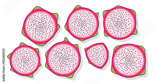 Colorful cross-section illustrations of dragon fruit highlighting vibrant pink flesh and contrasting green skin for tropical fruit enthusiasts