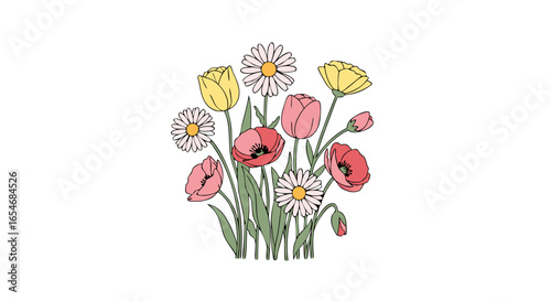 Colorful spring flower bouquet with tulips daisies and greenery, vibrant floral arrangement illustration showcasing natural beauty and botanical
