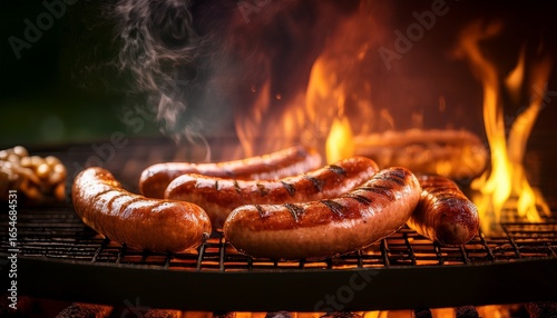 artistic shot of bratwurst sausages grilling over an open flame