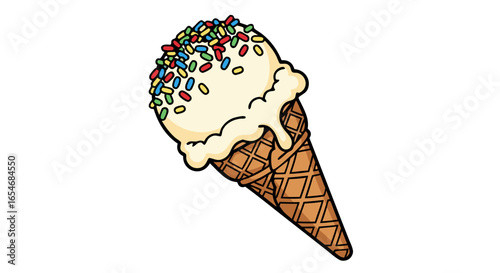 Delicious ice cream cone topped with colorful sprinkles and a creamy texture inviting summer enjoyment
