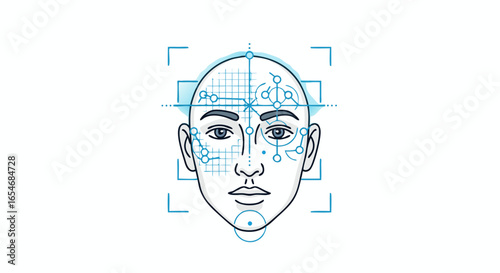 Futuristic facial recognition interface illustrating advanced biometric technology and digital identity verification systems in a sleek minimal