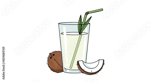 Refreshing coconut and lemongrass infused beverage served in a transparent glass with coconut and coconut shell accentuating a tropical vibe