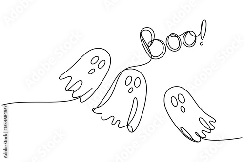 Spooky Continuous Line Drawing of Ghosts and the word "Boo!"