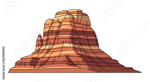 Illustration of a majestic desert mountain formation with layered rock strata and natural erosion patterns emphasizing rugged terrain and geological