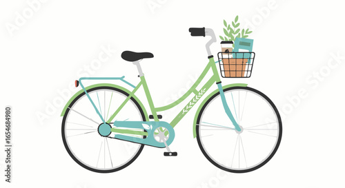 Eco-friendly mountain bike with basket filled with plants and groceries for sustainable urban cycling experiences