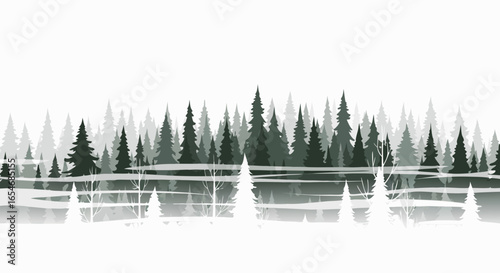 Serene winter landscape with a dense forest of pine trees reflected in a tranquil lake under a white sky