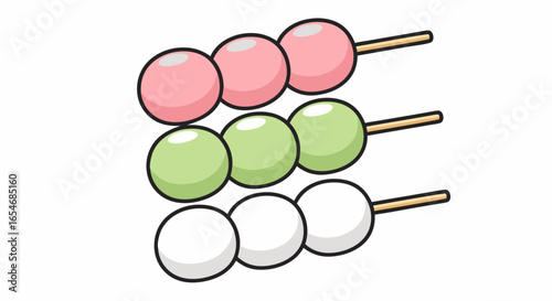 Colorful skewered dango desserts featuring pink, green, and white mochi balls on wooden sticks ideal for traditional Japanese sweet presentation and