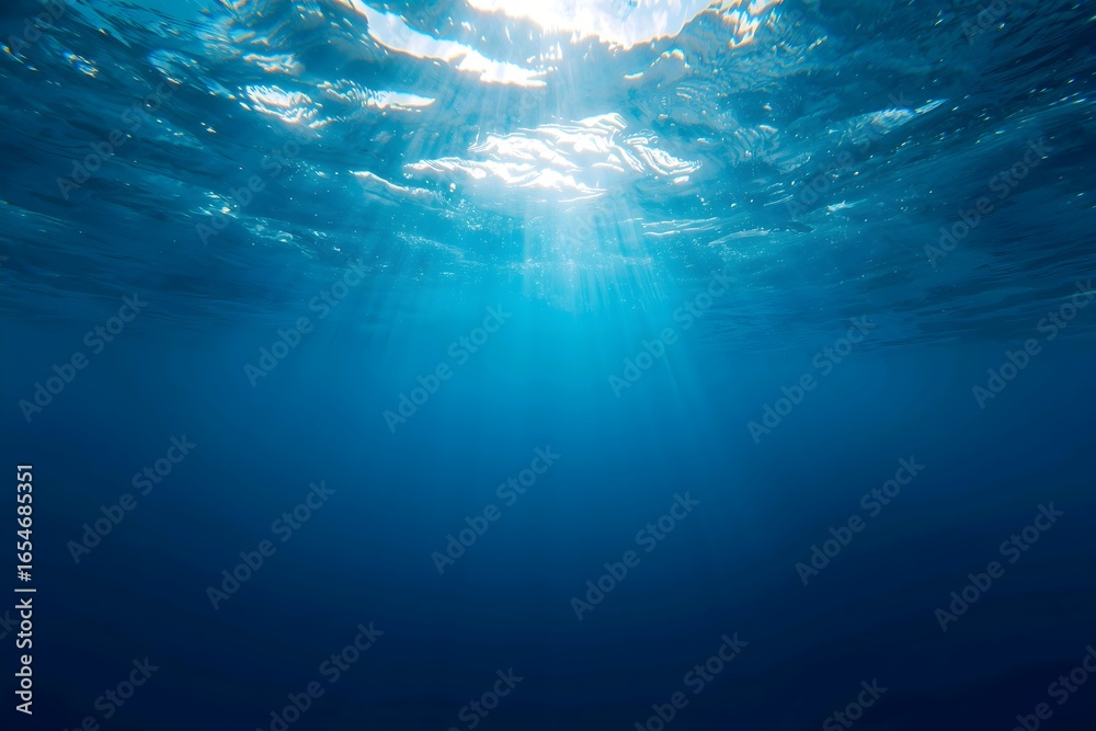 Obraz premium Calm Underwater Ocean Scene with Sunlight Beams and Clear Blue Water.