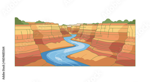 Colorful Grand Canyon Landscape Depicting Parched Cliffs and a Flowing River in a Vibrant Digital Illustration