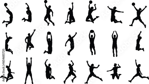 Basketball player silhouettes, sports action vector, jumping and dunking poses, athletic movement clipart, basketball icon set, dynamic human shape illustrations