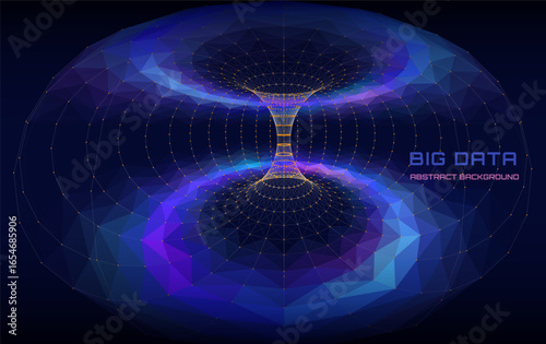 Abstract  visualization physical field in dark background. Concept scientific technology, forces lines in space torus. Vector Illustration.