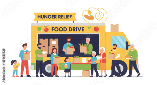 Community Food Drive and Hunger Relief Event Highlighting Food Distribution to Needy Families with Volunteer Assistance and Fruit Basket Support