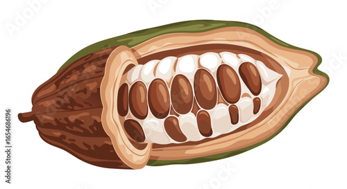 Detailed Illustration of a Cacao Pod with Opened Section Revealing Seeds Inside for Culinary and Agricultural Insight