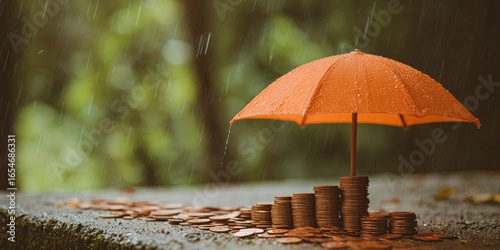 Wallpaper Mural Orange umbrella with coins protecting against rain in a blurred nature background focusing on financial safety and savings concept Torontodigital.ca