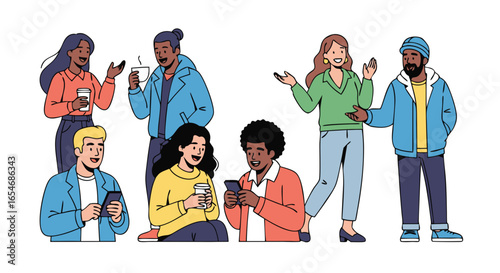 Diverse group of young adults enjoying drinks and socializing in a casual outdoor setting demonstrating vibrant communication and connection among