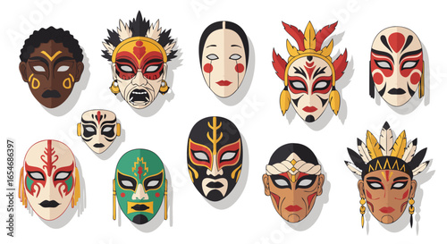 Collection of diverse traditional Asian and indigenous masks showcasing vibrant colors and intricate designs for cultural celebrations and artistic