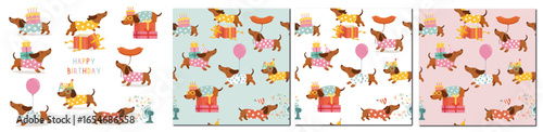 FULL SET OF  DACHSUND  BIRTHDAY PARTY - CUTE DOG ILLUSTRATION AND PATTERN FOR INVITATIONS, GREETING CARD AND PRINTS