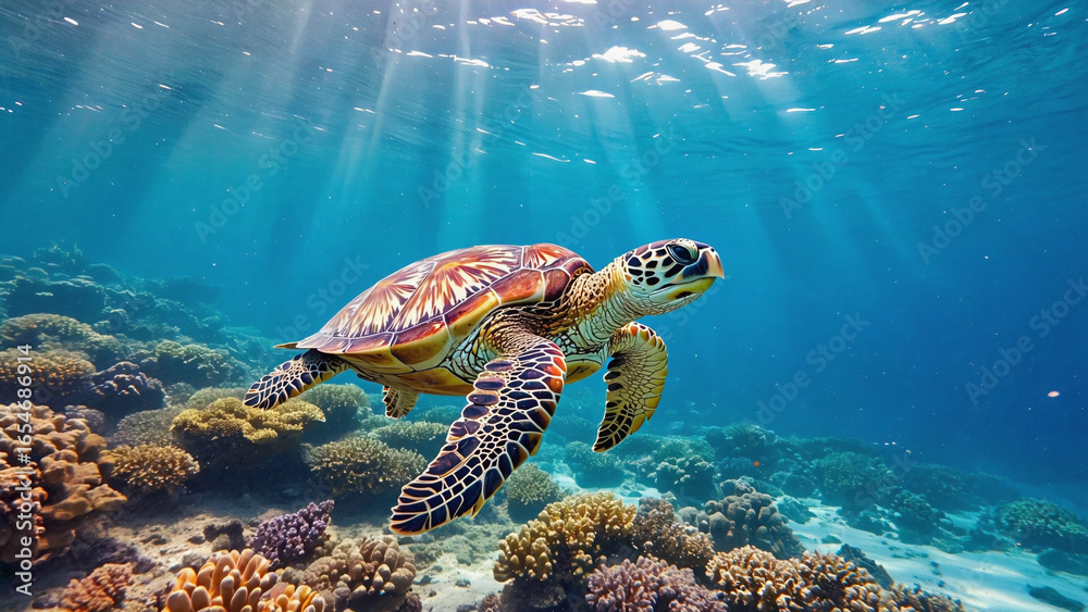 Obraz premium Serene Hawksbill Sea Turtle Swimming in Vibrant Coral Reef
