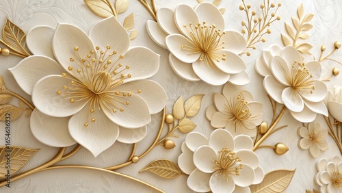Elegant white and gold floral relief decoration with intricate details