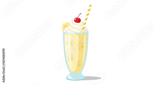 Refreshing banana vanilla milkshake with cherry topping and striped straw served in a tall transparent glass illustrating cool beverage indulgence