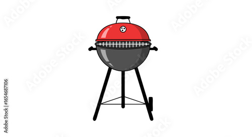 Simple cartoon-style charcoal and red portable outdoor barbecue grill with lid and wheels ideal for backyard cooking and casual gatherings