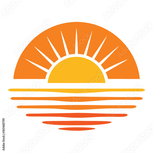 Minimalist vector illustration of a vibrant sunset reflecting on calm water surface with radiant sun rays white background