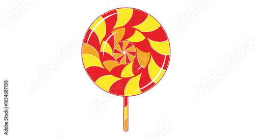 Colorful spiral-patterned lollipop with vibrant red and yellow swirls creating an eye-catching sweet treat design perfect for candy lovers and