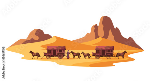 Historical desert caravan scene featuring traditional covered wagons, camels, and travelers traversing rugged mountainous terrain with striking rock