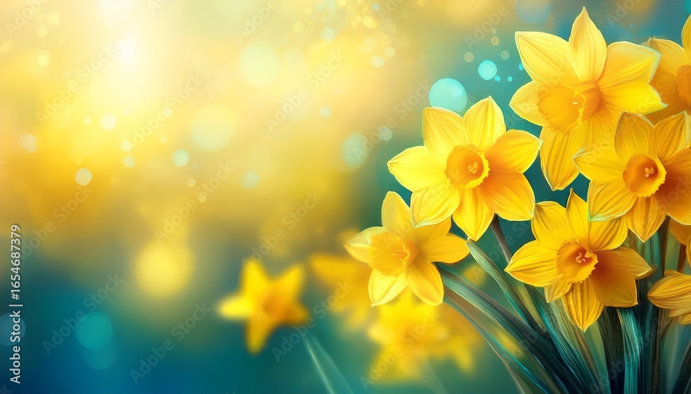 Obraz premium st david s day bright spring background bouquet of yellow daffodil flowers vertical banner bokeh effect copy space free space for text