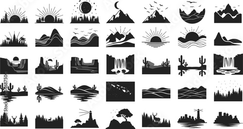 Nature, landscapes, silhouettes, mountains, forests, waterfalls, cactus, sunrise, sunset, moon, wilderness, scenery, outdoor, adventure, horizon, vector, black, white, graphic, illustration