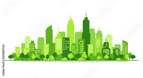 Stylized green city skyline illustration with diverse building heights and lush foreground trees emphasizing urban biodiversity and environmental