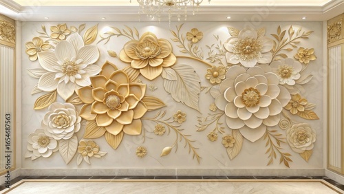 Grand floral wall mural in white and gold with detailed relief