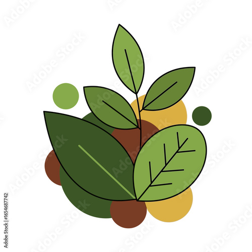Modern vector illustration showcasing lush green foliage against a backdrop of natural earth-toned circles, embodying environmental themes and sustainable concepts.