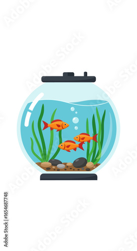 Colorful cartoon illustration of three goldfish swimming in a round glass fishbowl with aquatic plants