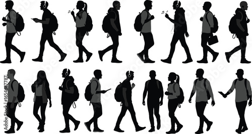 People walking with backpacks, commuter silhouettes, student vector art, modern lifestyle icons, walking pose graphics, technology use, black human shape illustrations