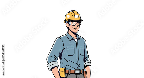 Illustration of a Construction Worker in Safety Gear with Helmet and Glasses Engaged in Building Tasks