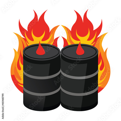 Vector illustration of two black metal oil drums ignited by flames fiery fuel hazard symbol white background