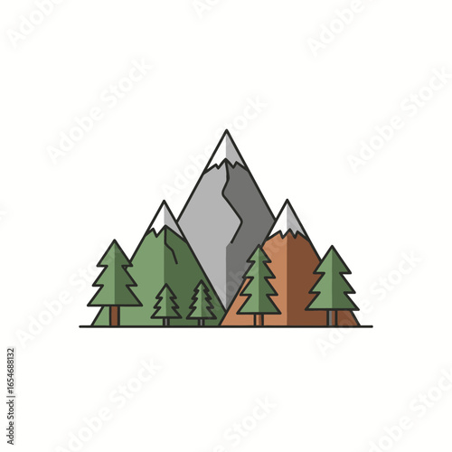 Flat design mountain landscape with pine trees and snow-capped peaks