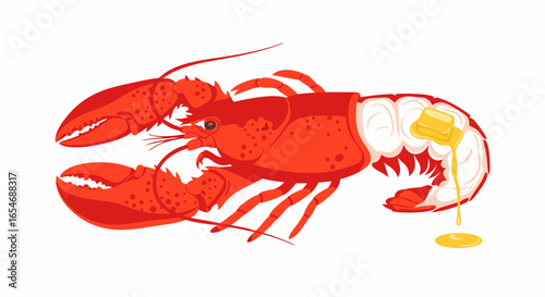 Digital Illustration of a Classic Red Lobster with a Melting Butter Drizzle on a White Background